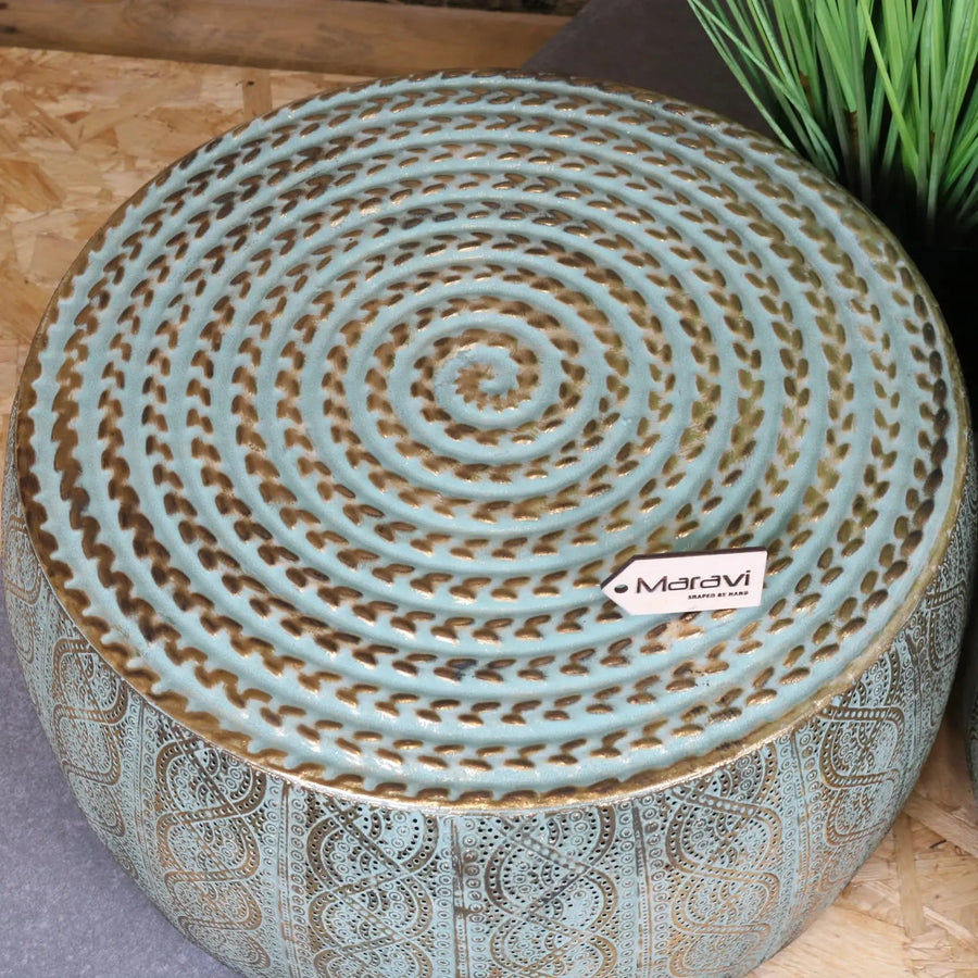 Luxury Jodai Drum Side Table Set, Antiqued Gold Verdigris Finish, Handcrafted Metal Side Table, Stylish Home Decor by Maravi at brixbailey.com