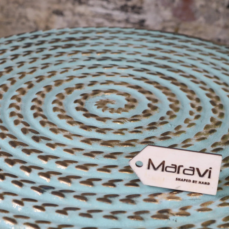 Luxury Jodai Drum Side Table Set, Antiqued Gold Verdigris Finish, Stylish Metal Side Tables for Living Room Decor by Maravi at brixbailey.com