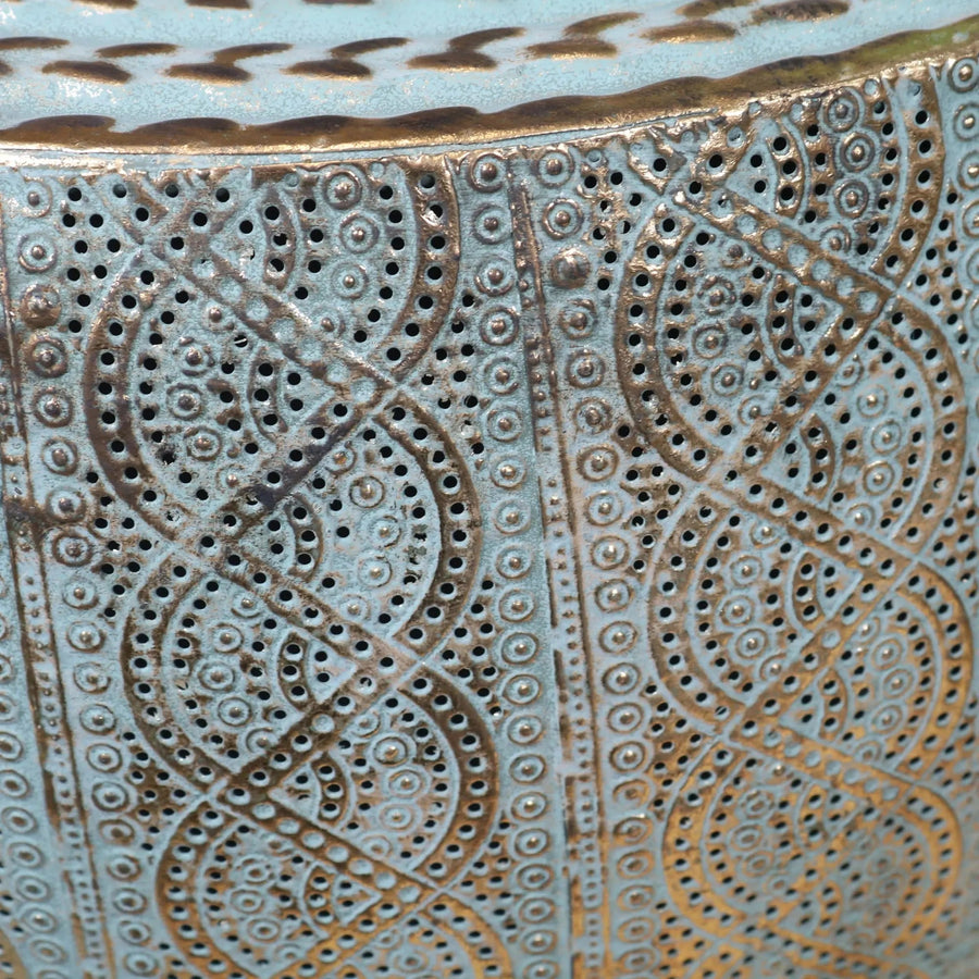 Luxury Jodai Drum Side Table Set, Antiqued Gold Verdigris Finish, Handcrafted Metal Side Tables for Living Room, Classic Elegant Decor by Maravi at brixbailey.com