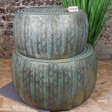 Luxury Jodai Drum Side Table Set, Antiqued Gold Verdigris Finish, Handcrafted Metal Side Tables, Stylish Home Decor by Maravi at brixbailey.com