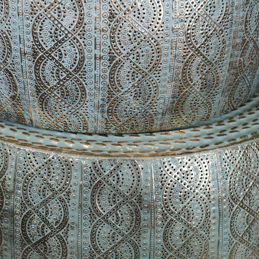 Luxury Jodai Drum Side Table Set, antiqued gold verdigris finish, stylish metal drum table for living room decor by Maravi at brixbailey.com