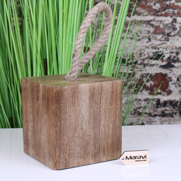 Rustic charm Mori wooden door stop, premium solid mango wood with natural grain, durable rope handle, minimalist stylish home decor by Maravi at brixbailey.com