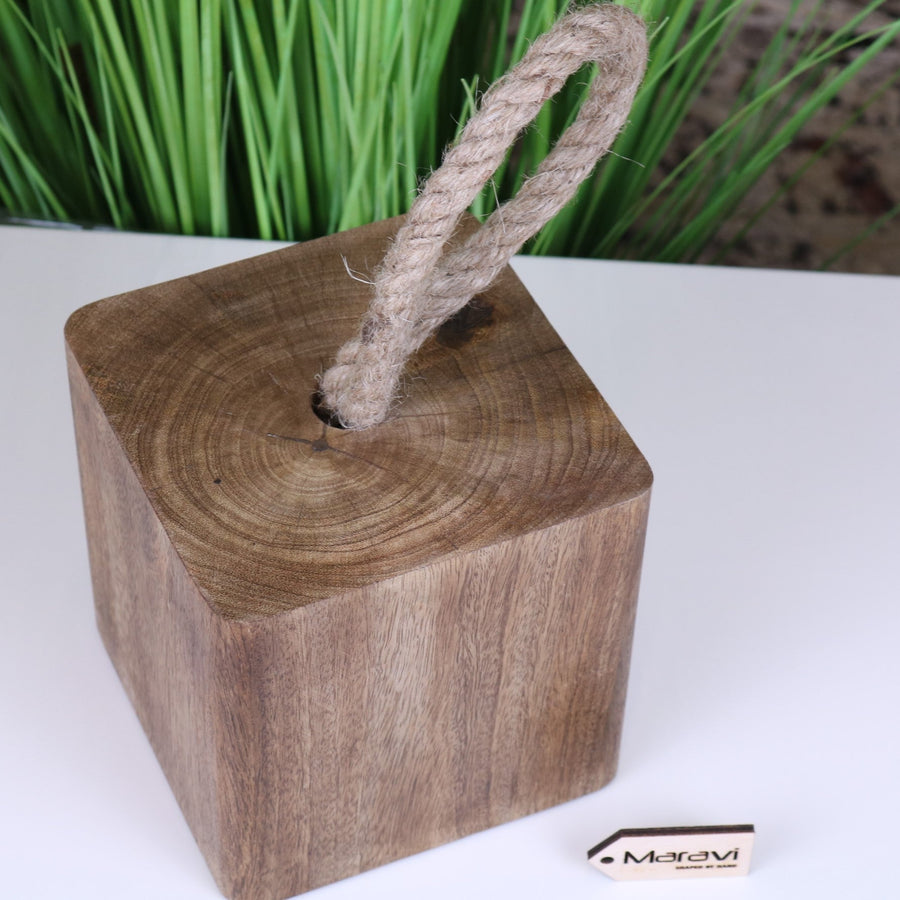 Rustic charm Mori wooden door stop, premium solid mango wood with rope handle, stylish minimalist home decor by Maravi at brixbailey.com
