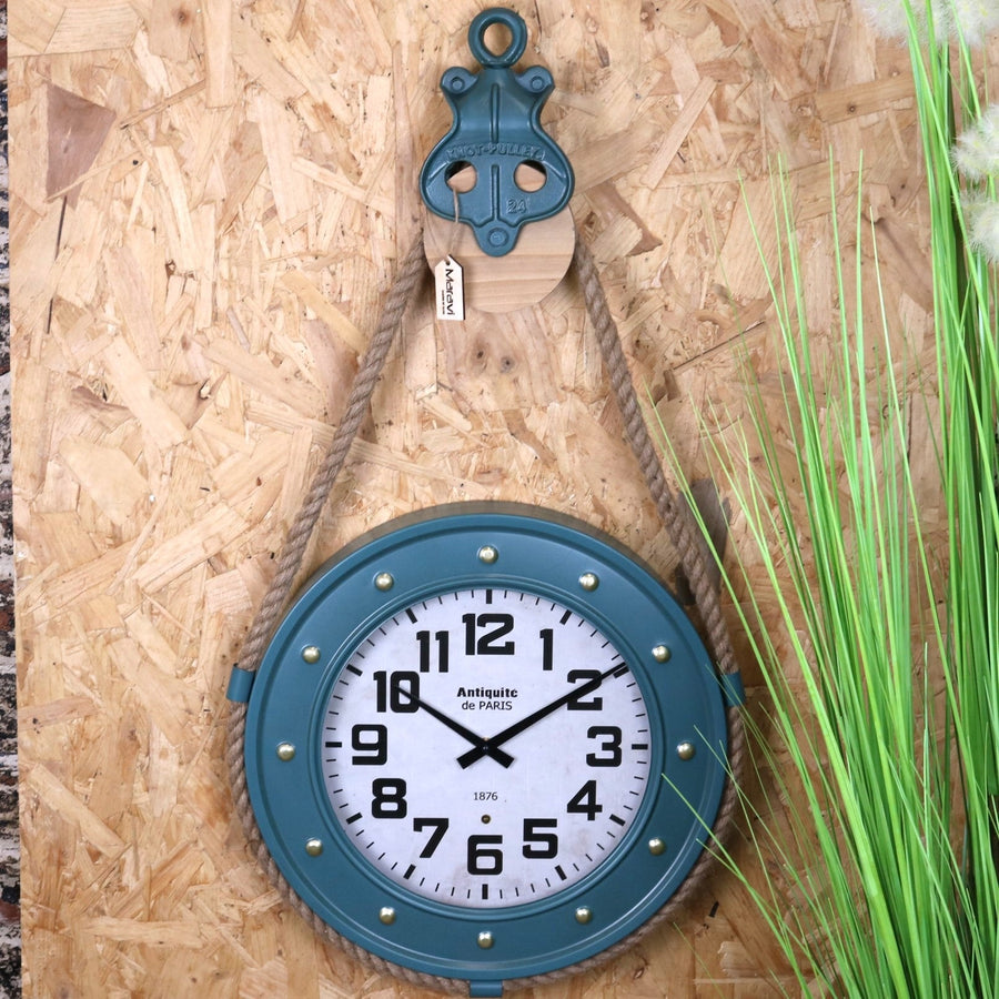 Luxury nautical wall clock with rope and pulley, premium maritime decor, stylish coastal timepiece for home or office by Maravi at brixbailey.com
