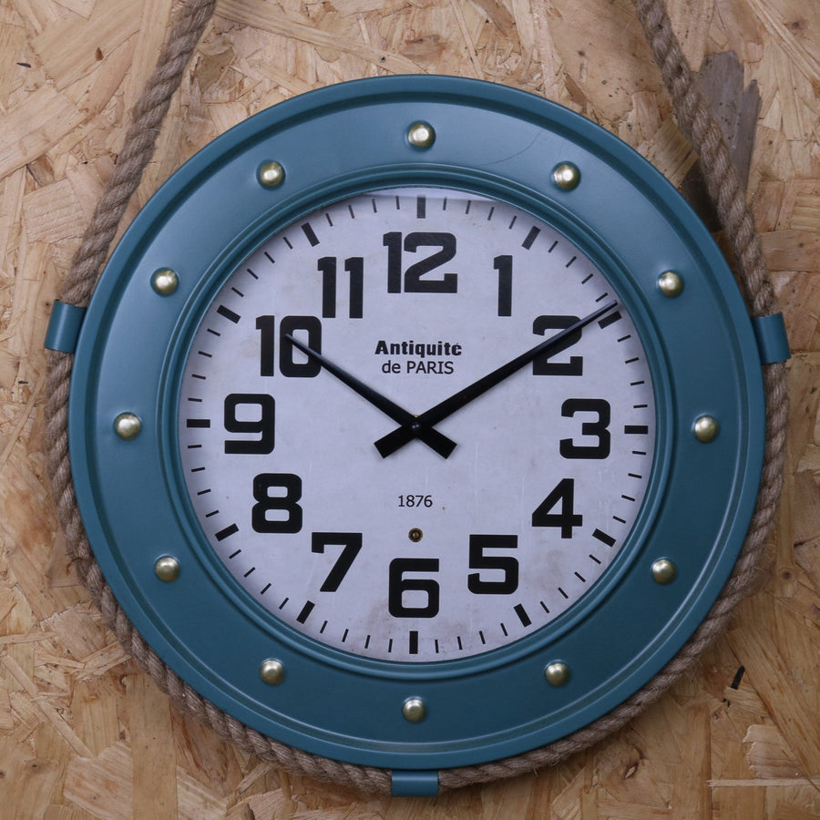 Luxury nautical wall clock with rope and pulley, stylish maritime decor, premium metal and glass timepiece by Maravi at brixbailey.com