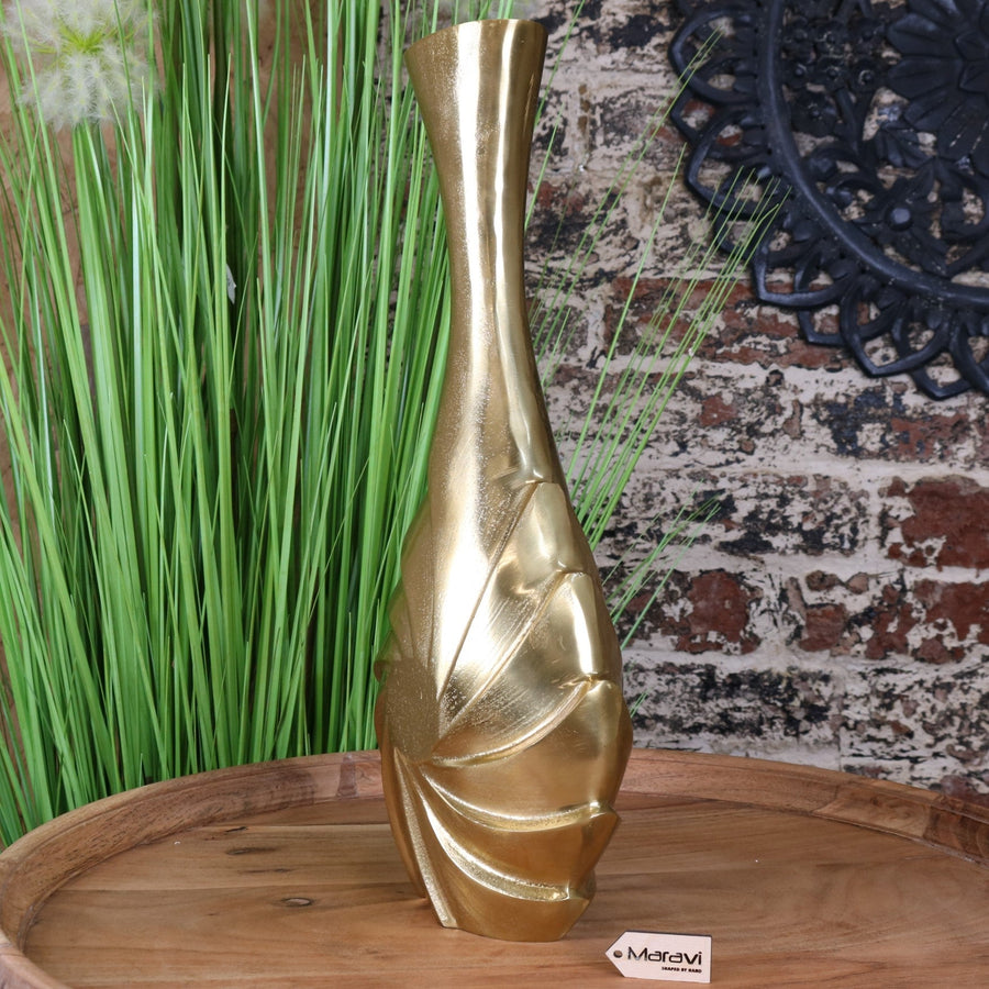 Luxury Bedi metal gold vase, premium swirl design, elegant tall decorative piece for home, stylish modern centerpiece by Maravi at brixbailey.com