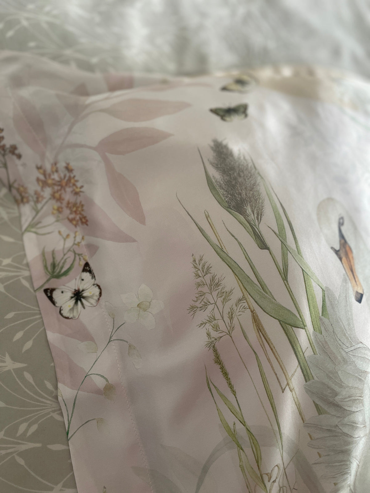 Cream and neutral Silk Pillowcase in hand painted 'Graceful' print, Standard size Oxford style Pillowcase