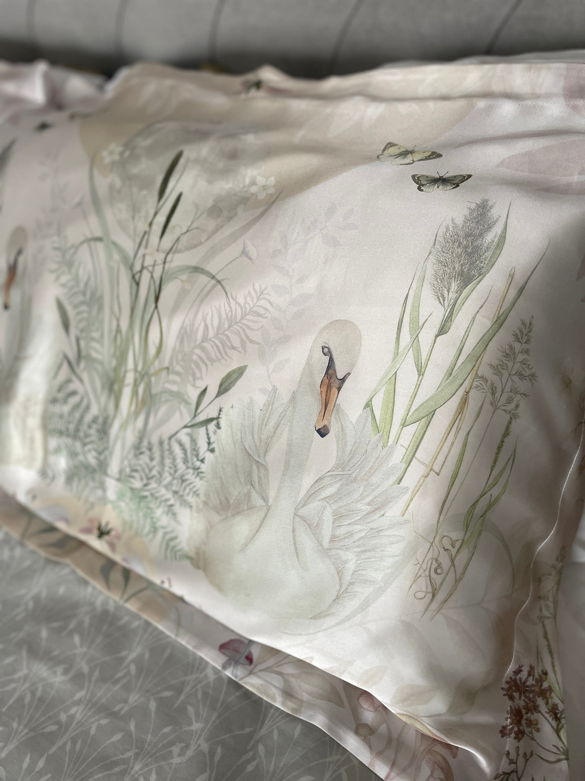 Cream and neutral Silk Pillowcase in hand painted 'Graceful' print, Standard size Oxford style Pillowcase