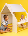 MeowBaby® Natural Wooden House for Kids - Blue Roof