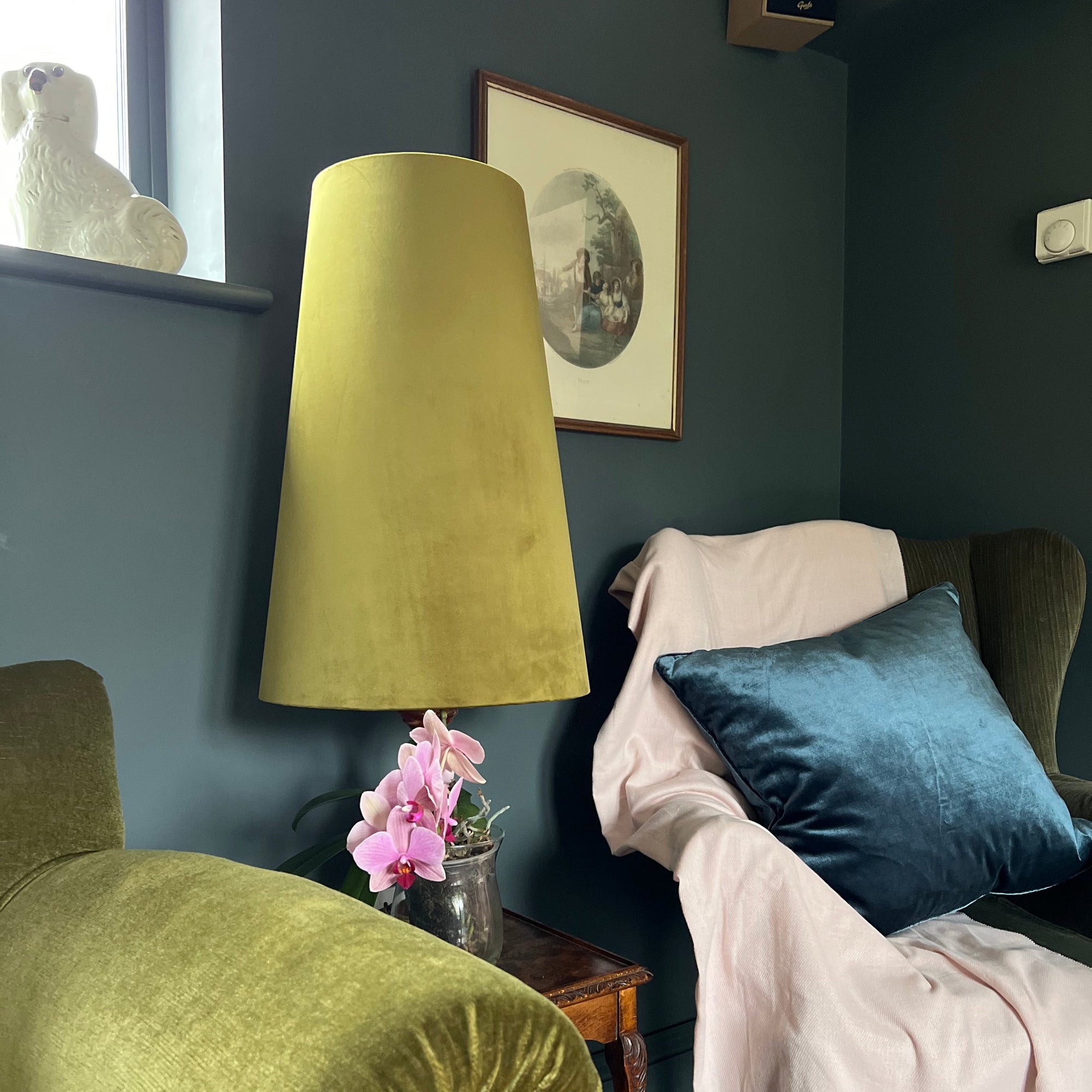 Olive Velvet Lampshade | Extra Tall Cone Light Shade | Bespoke Handmade UK