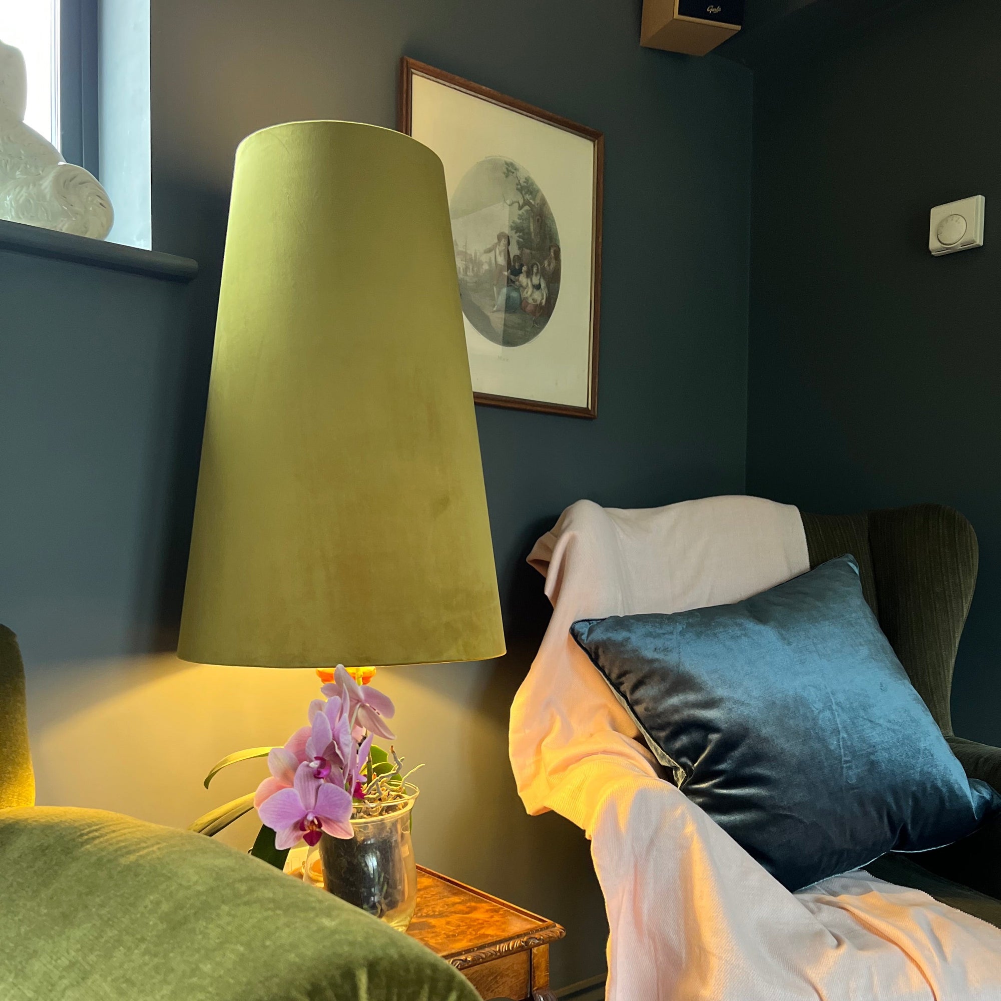 Olive Velvet Lampshade | Extra Tall Cone Light Shade | Bespoke Handmade UK