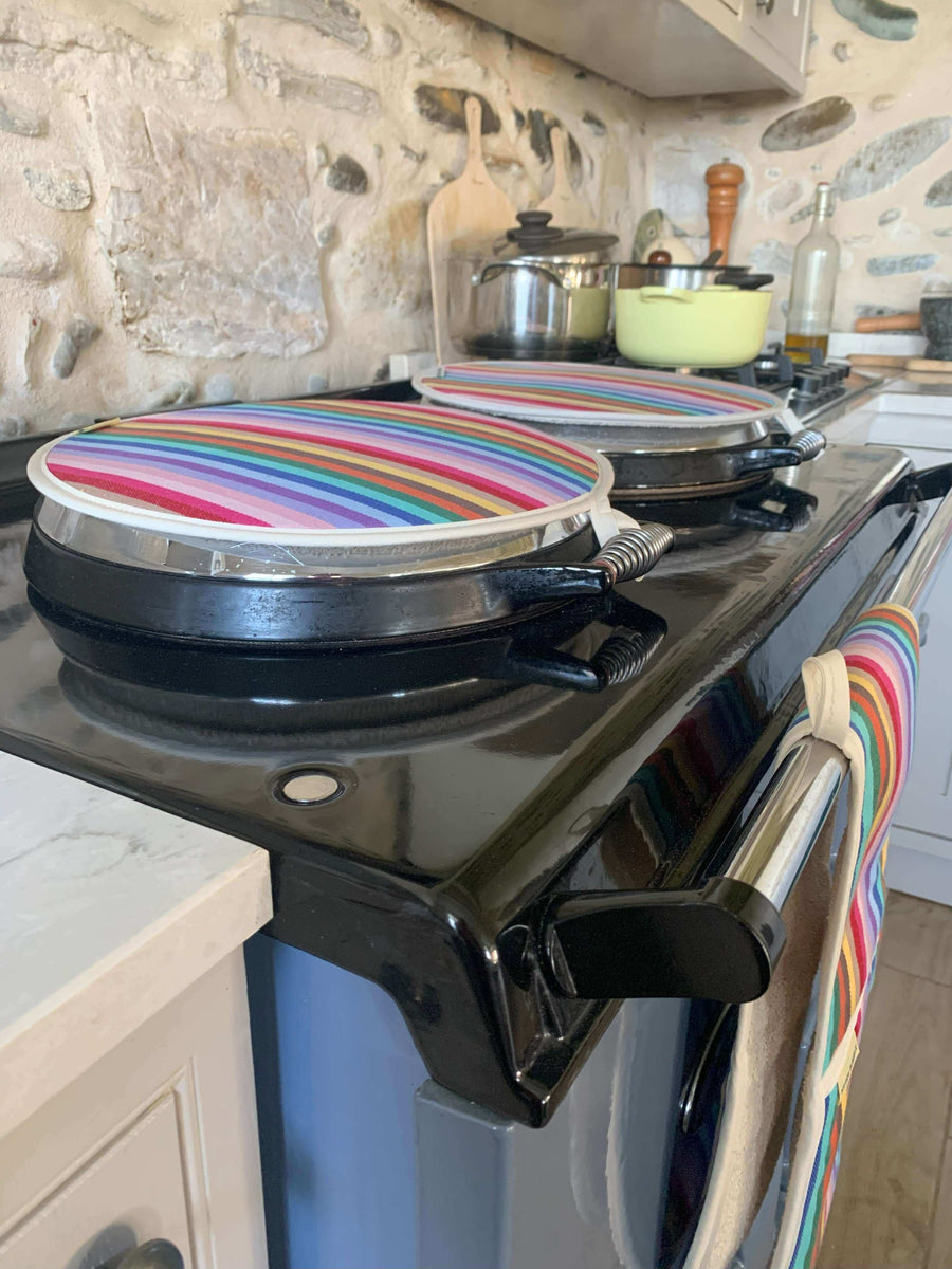 Luxury rainbow chef pad for Aga range cooker, handmade heat-retaining hob cover, premium recycled cotton, stylish UK woven fabric by Maison Elhoria at brixbailey.com