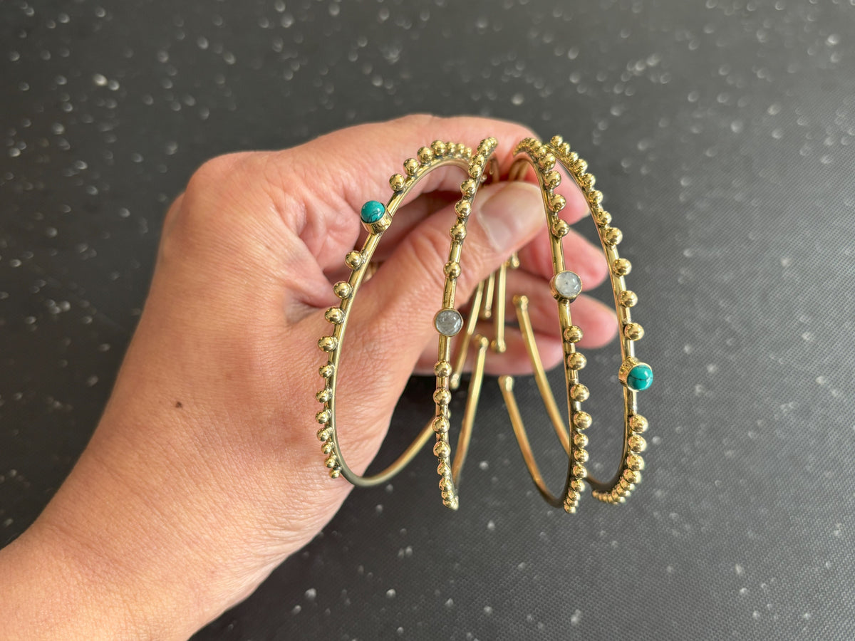 Labradorite/Turquoise/Moonstone Beaded Brass Bangle