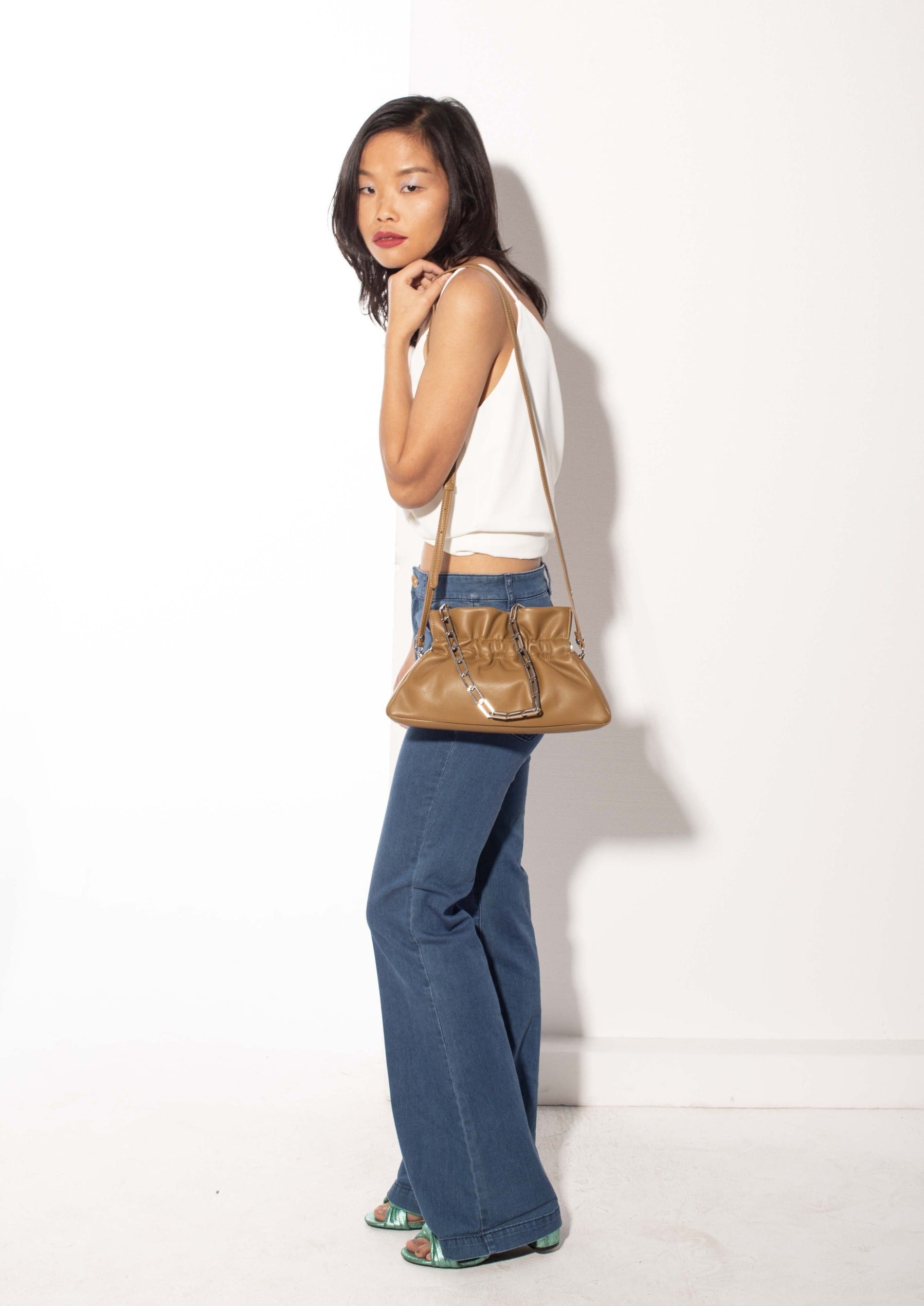 Mila Bag in smooth leather mustard green, premium handcrafted luxury accessory with silver hardware, stylish cloud-like shape by Bob Oré at brixbailey.com