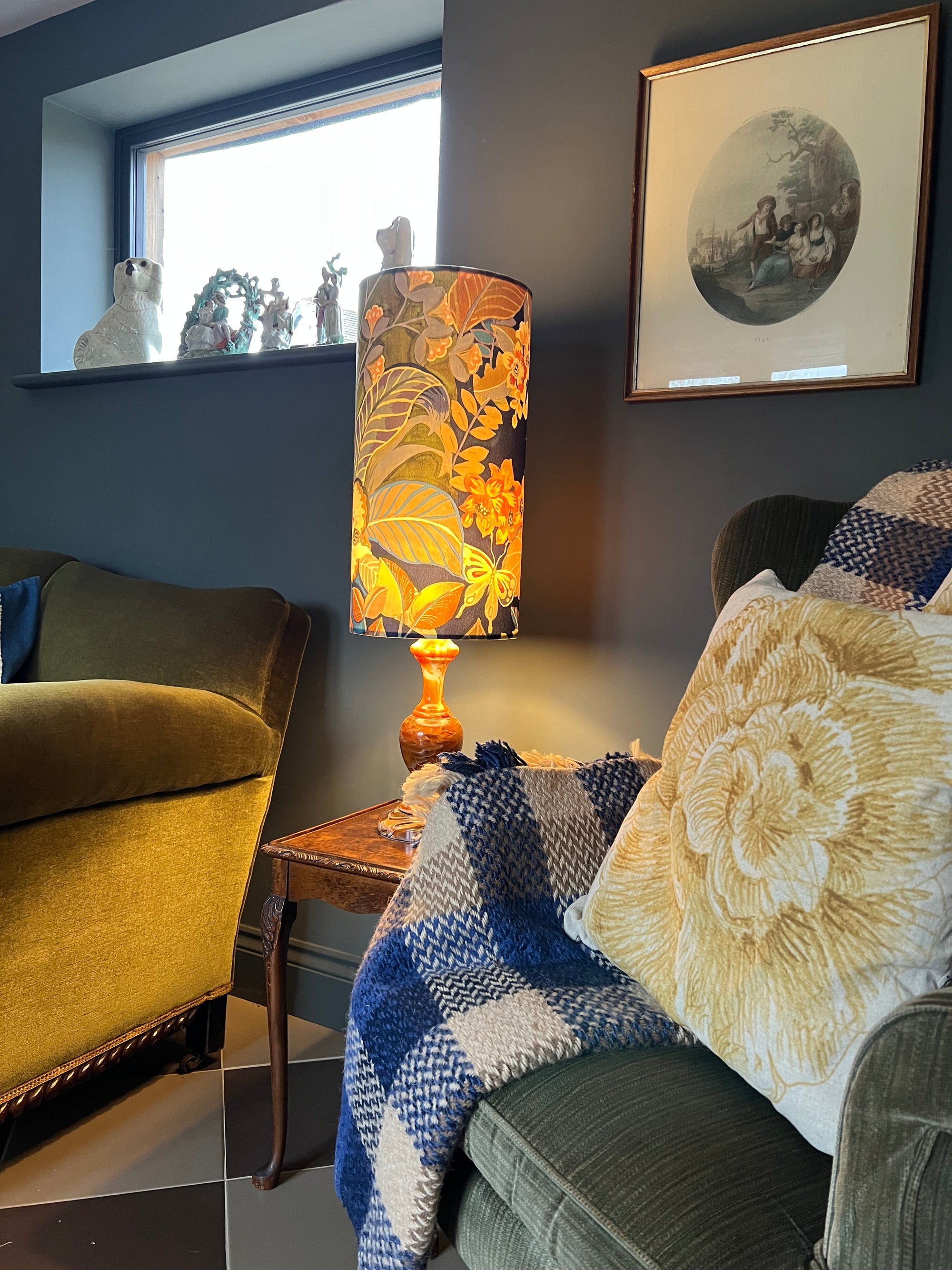 Floral midnight Velvet cylinder lampshade, extra tall lampshade