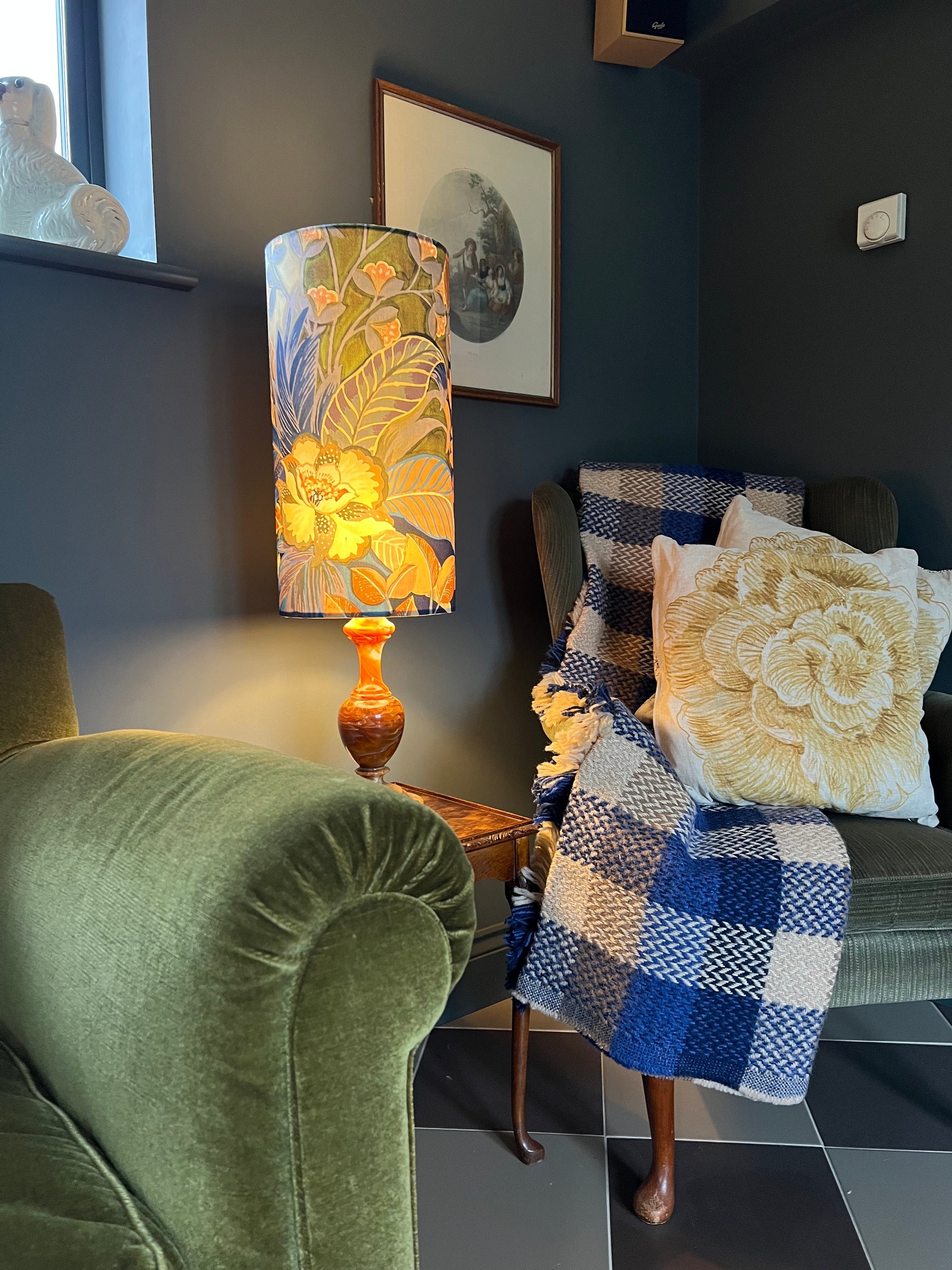 Floral midnight Velvet cylinder lampshade, extra tall lampshade