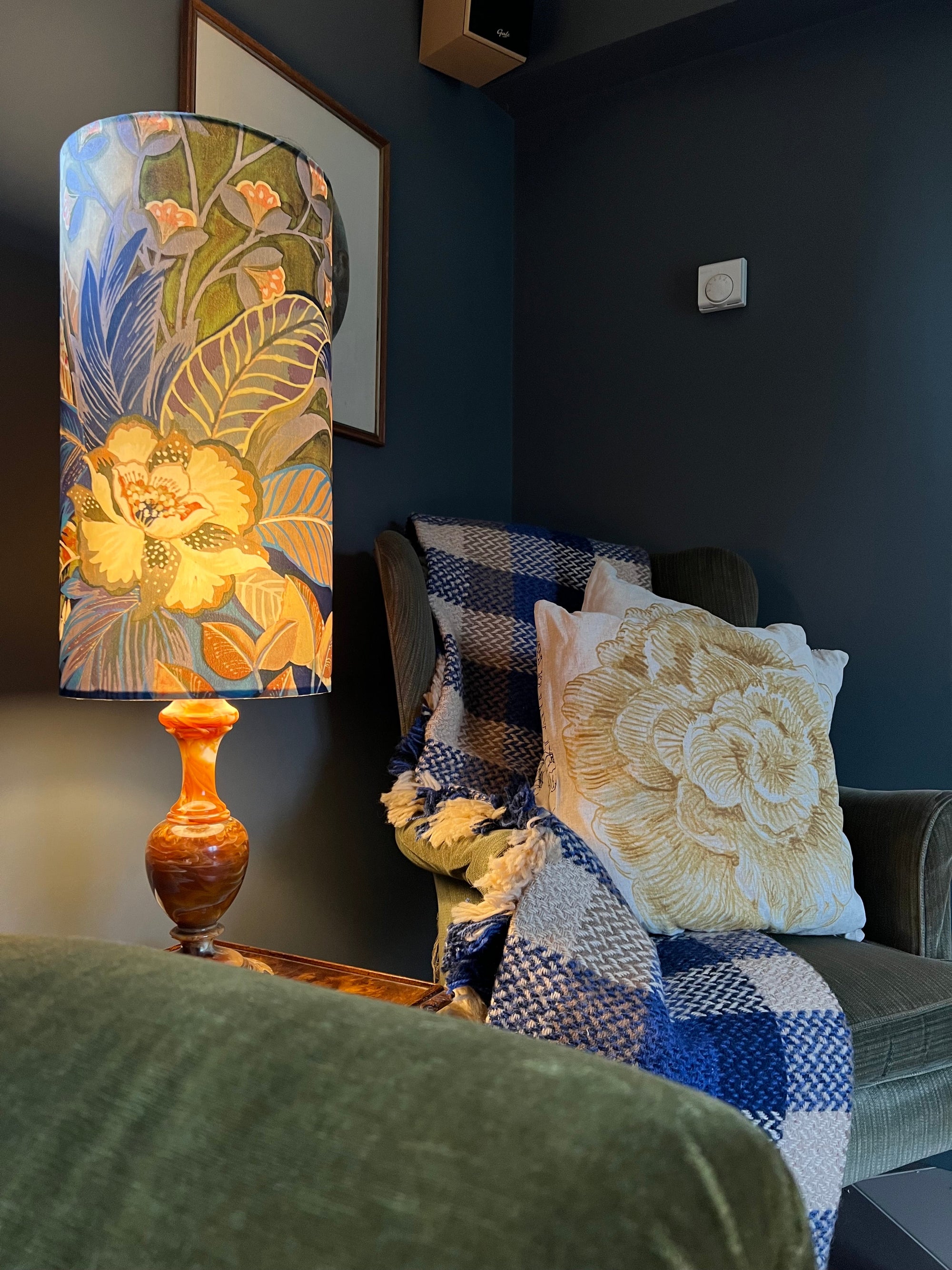 Floral midnight Velvet cylinder lampshade, extra tall lampshade
