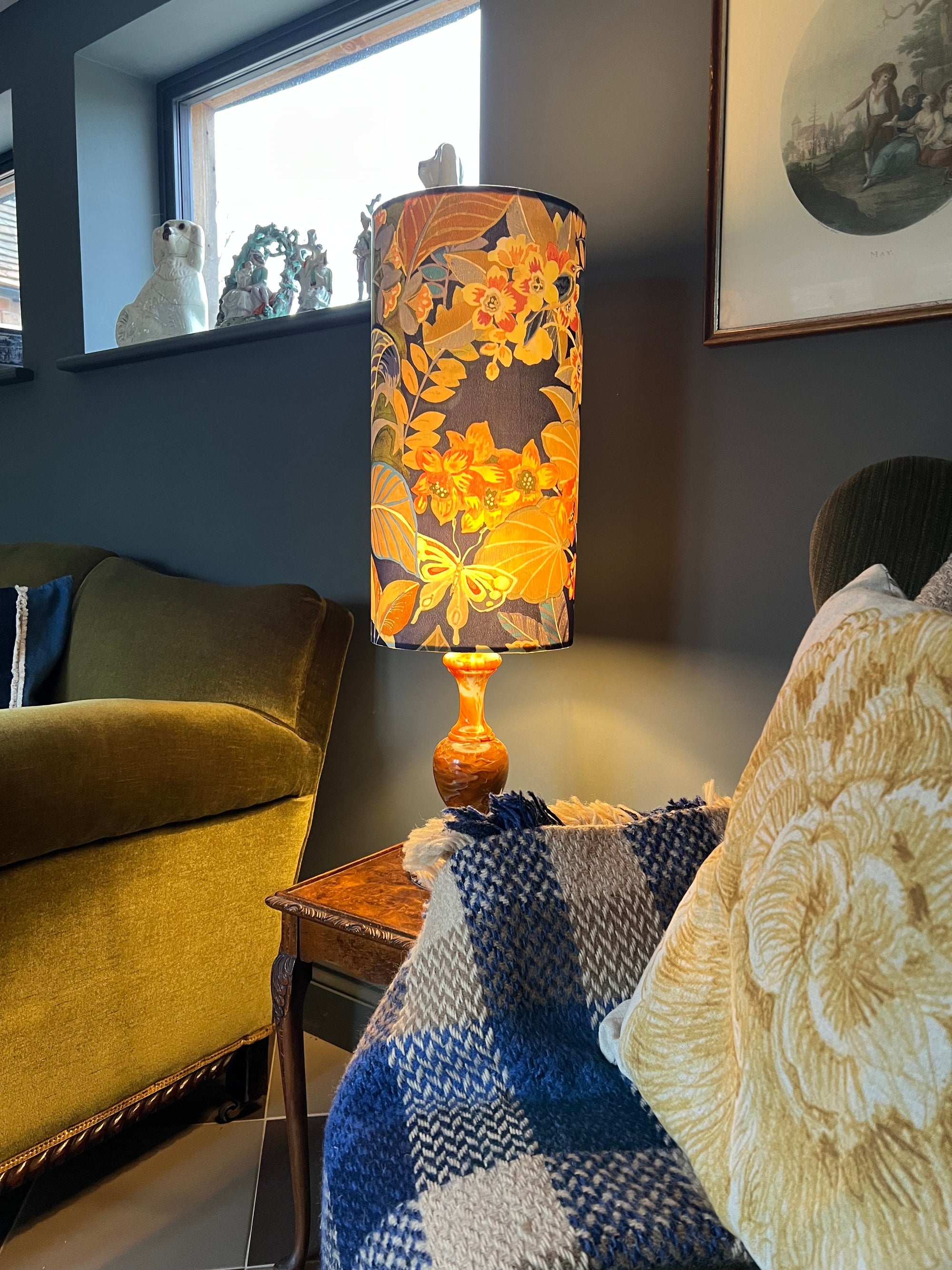 Floral midnight Velvet cylinder lampshade, extra tall lampshade