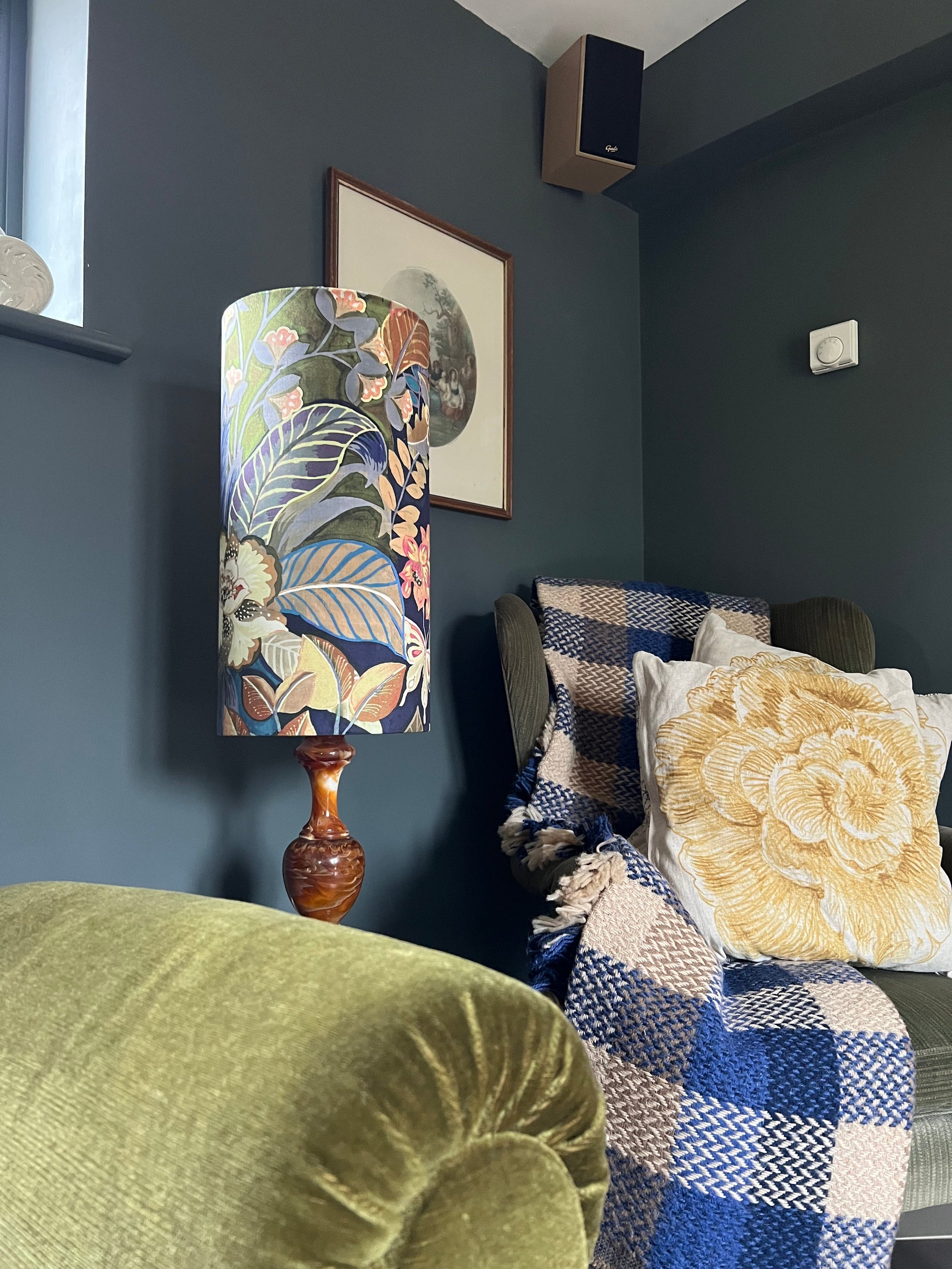 Floral midnight Velvet cylinder lampshade, extra tall lampshade