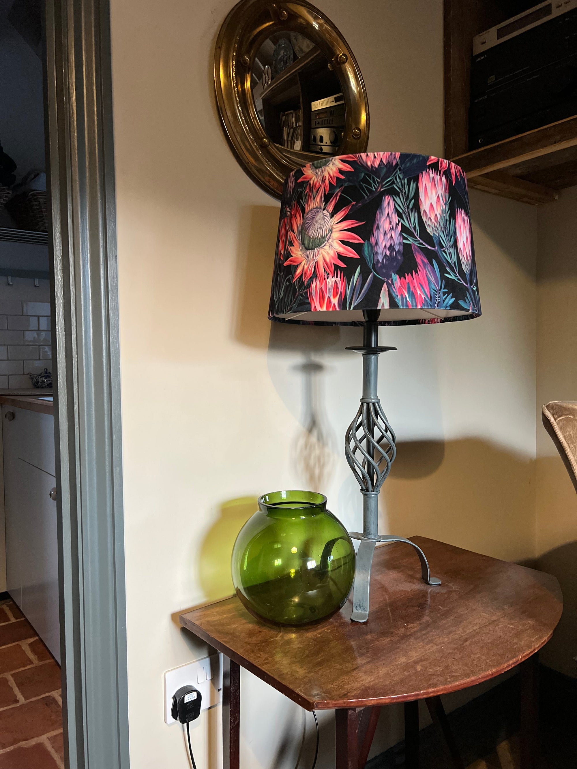 Black &amp; Pink Botanical Velvet Lampshade | French Drum Ceiling Light Shade | Bespoke Handmade Empire Lampshade