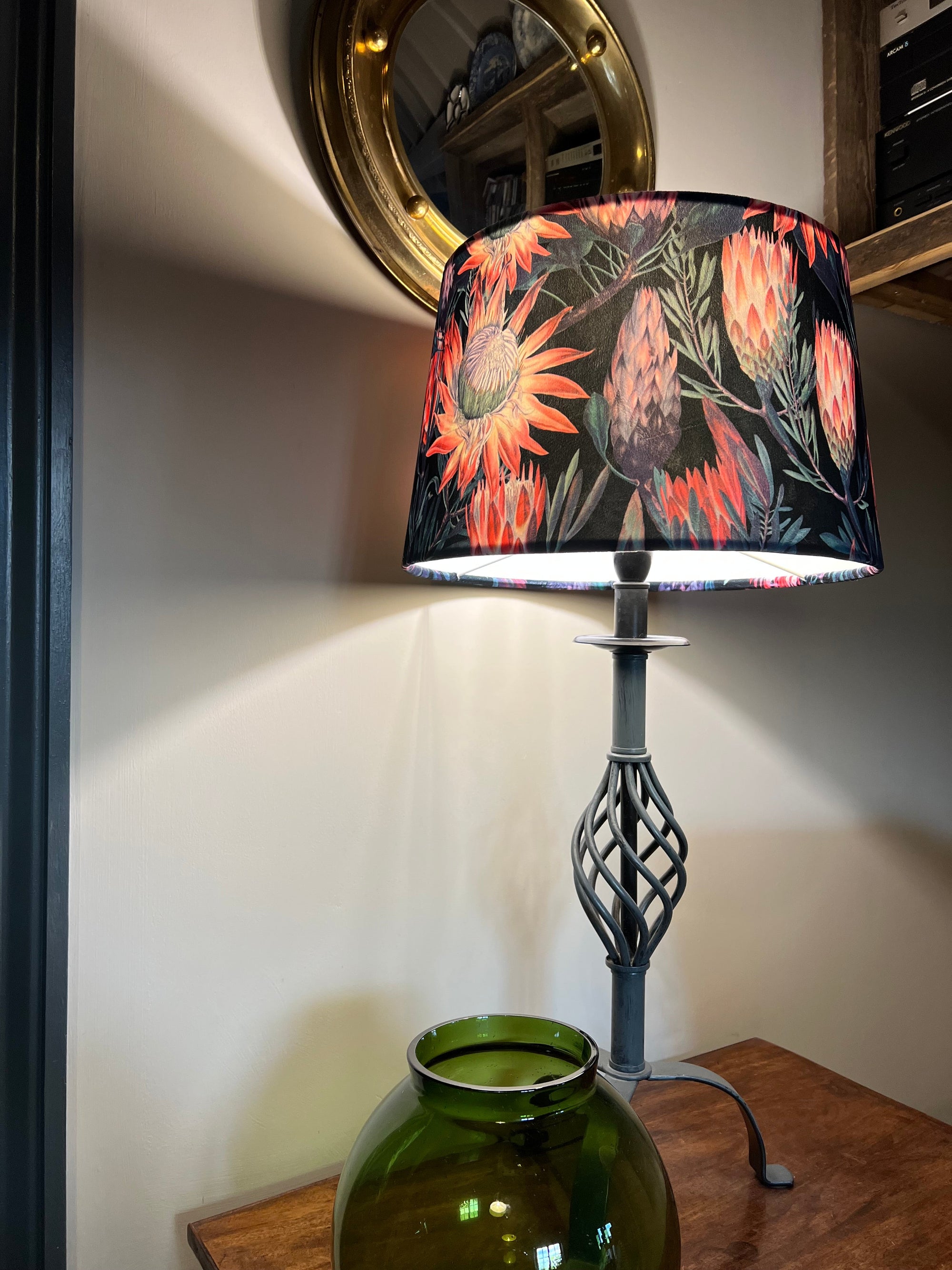 Black &amp; Pink Botanical Velvet Lampshade | French Drum Ceiling Light Shade | Bespoke Handmade Empire Lampshade