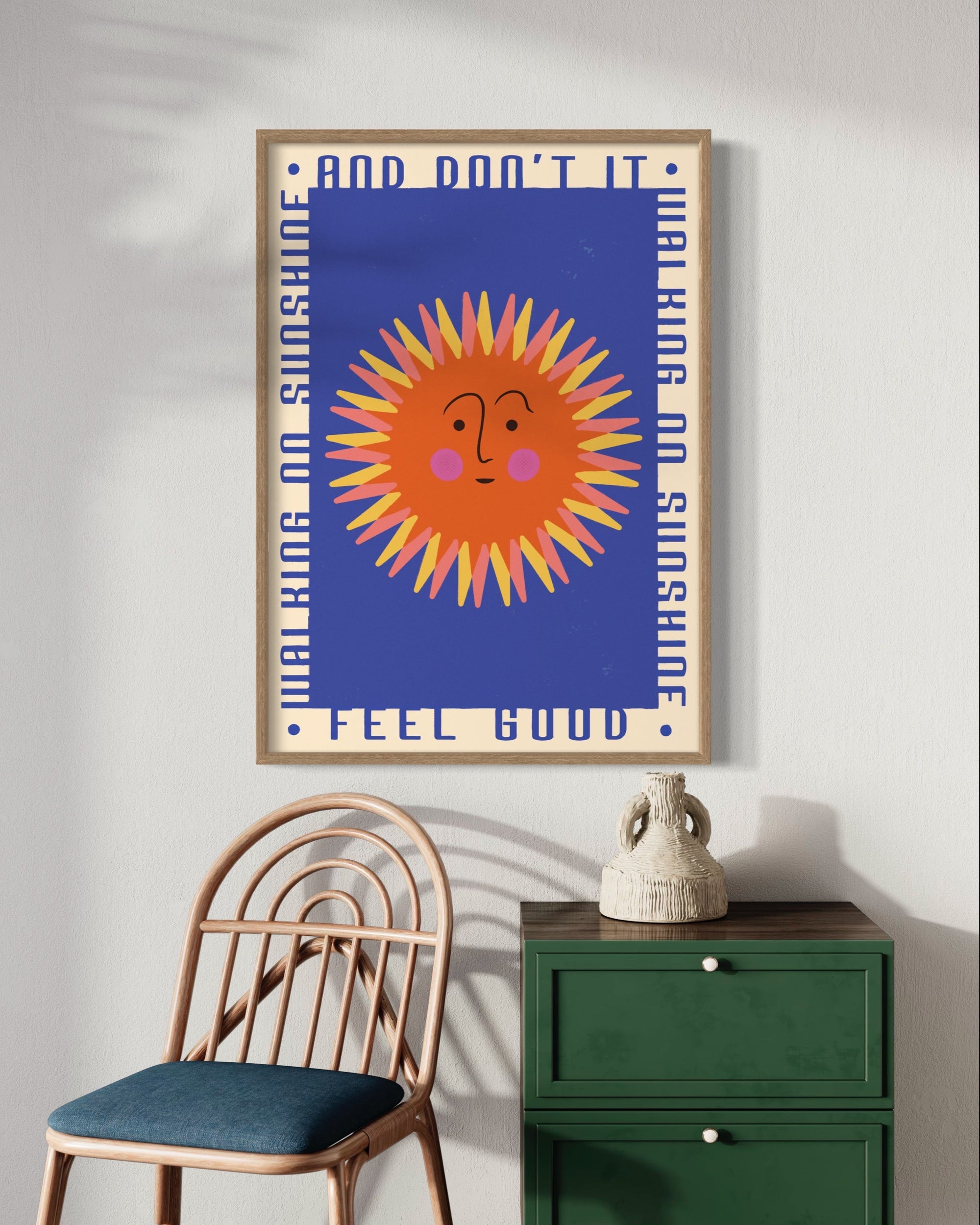 Walking on Sunshine retro matchbox art print, premium 230gsm framed wall art, A5 A4 A3 A2 A1 A0 sizes, luxury vibrant home decor by Little Egret Design at brixbailey.com