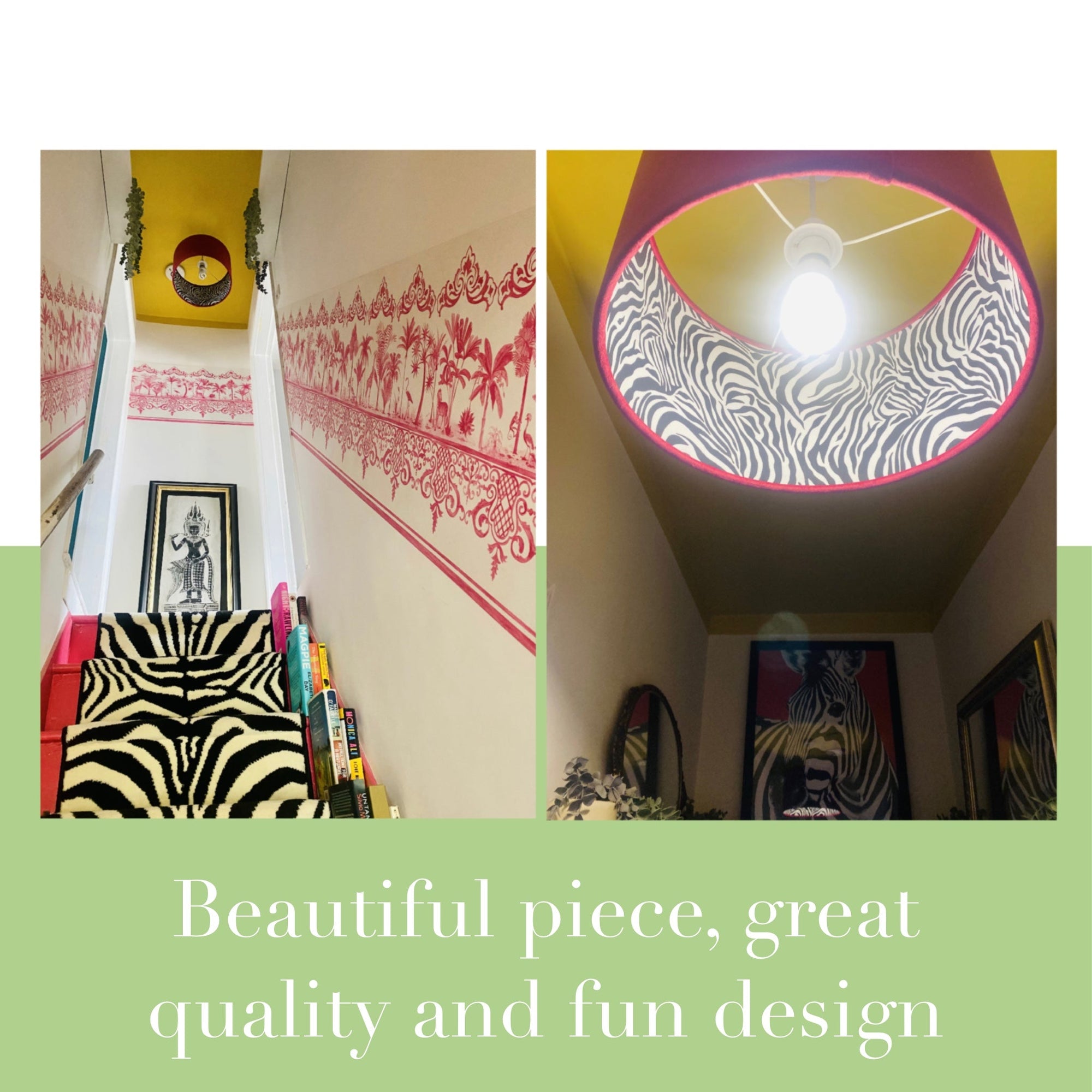Cerise Pink Velvet &amp; Zebra Cotton Double Sided Drum Lampshade | Handmade Ceiling Light Shade | Bespoke UK