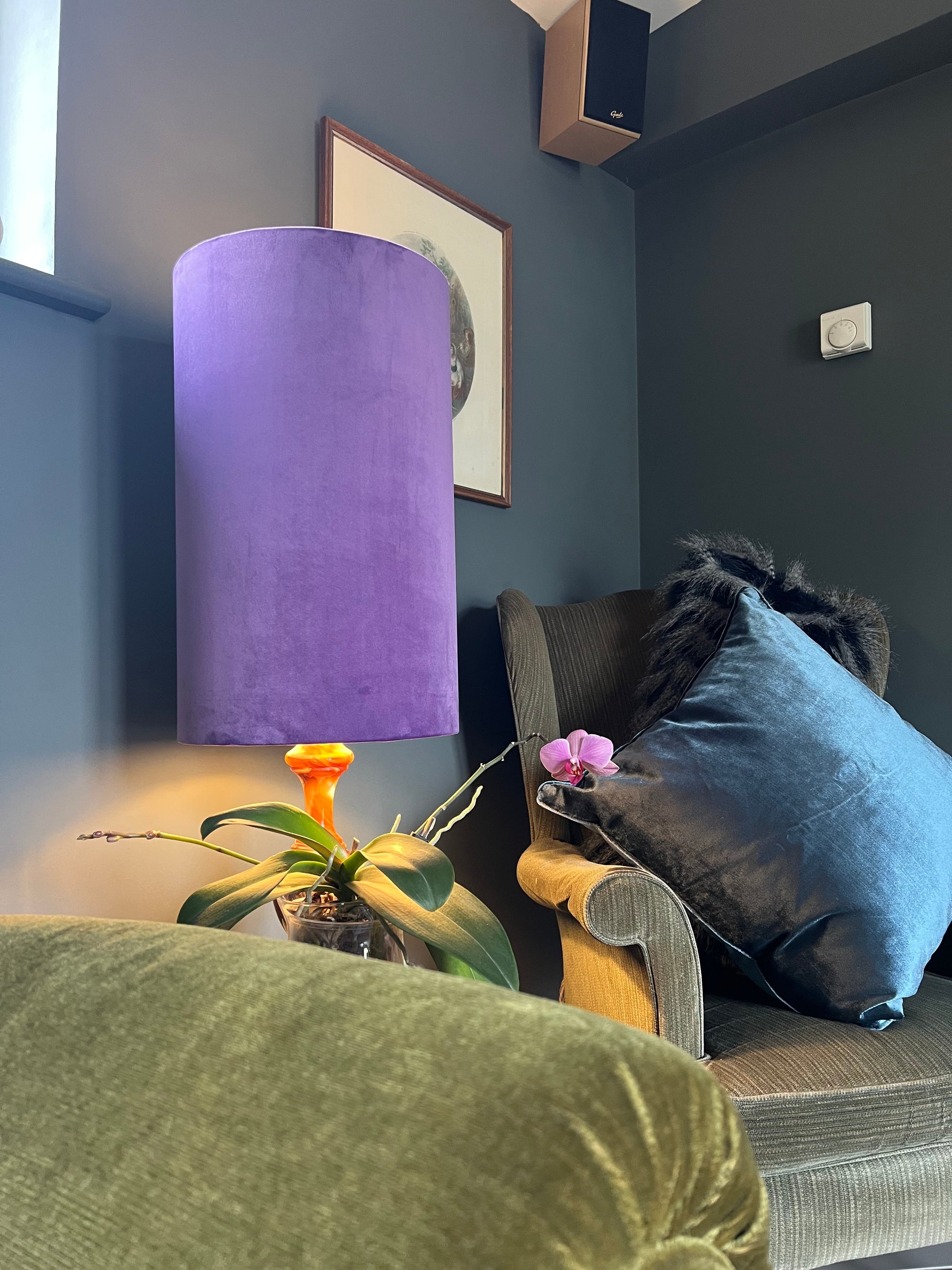 Purple velvet cylinder lampshade, extra tall lampshade