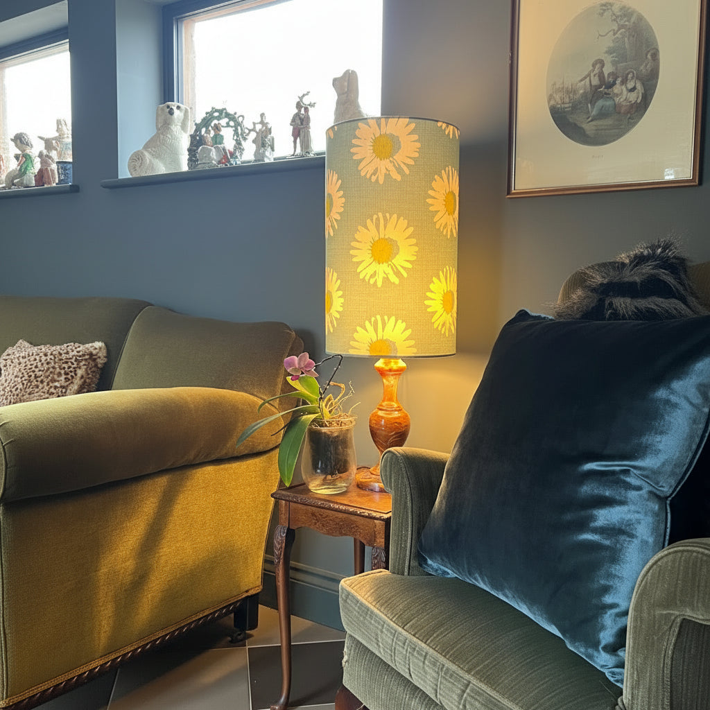 Daisy Pastel Blue Cotton Lampshade | Extra Tall Cylinder Ceiling Light Shade | Bespoke Handmade UK