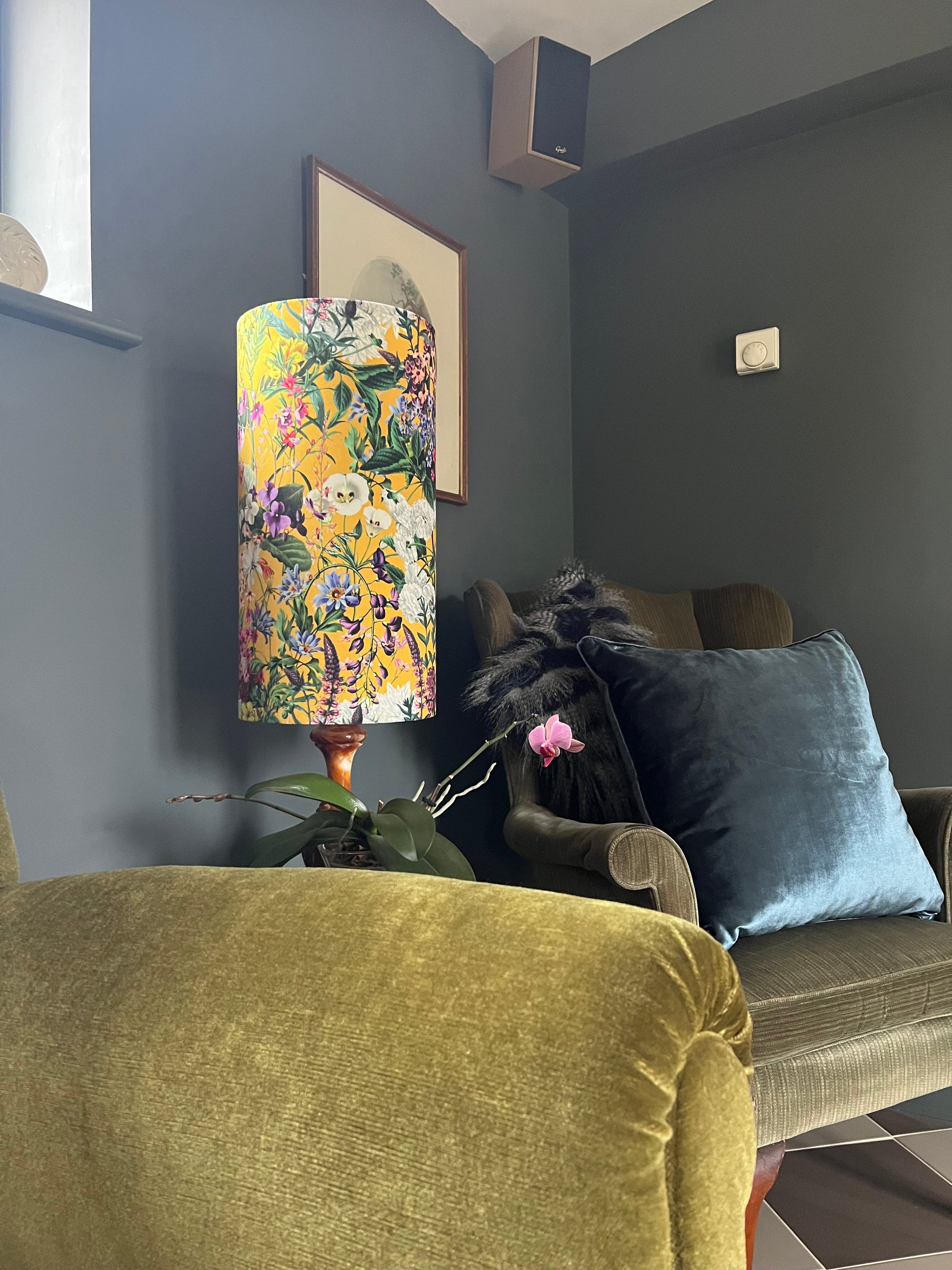Mustard Flowers Velvet Lampshade | Extra Tall Cylinder Ceiling Light Shade | Bespoke Handmade UK