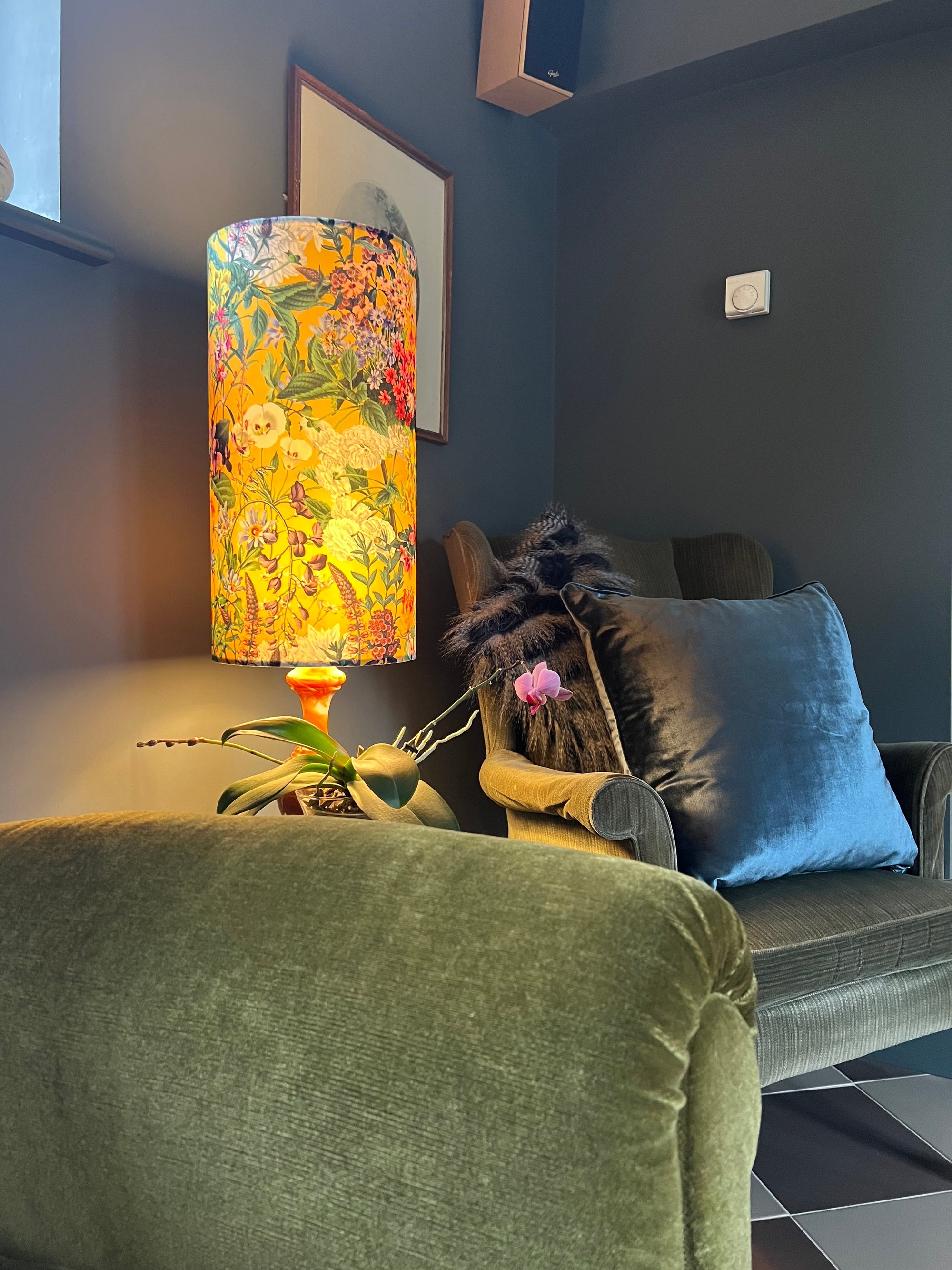 Mustard Flowers Velvet Lampshade | Extra Tall Cylinder Ceiling Light Shade | Bespoke Handmade UK