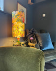 Mustard Flowers Velvet Lampshade | Extra Tall Cylinder Ceiling Light Shade | Bespoke Handmade UK