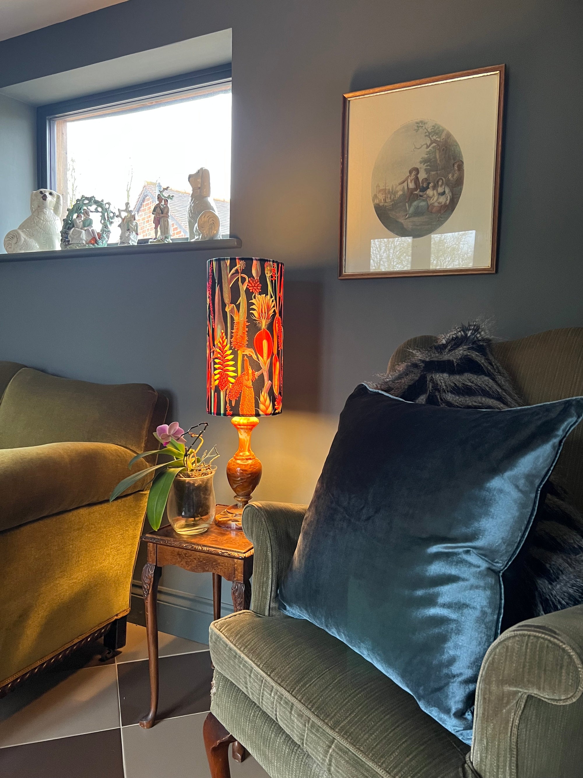 Botanical black velvet cylinder lampshade, extra tall lampshade
