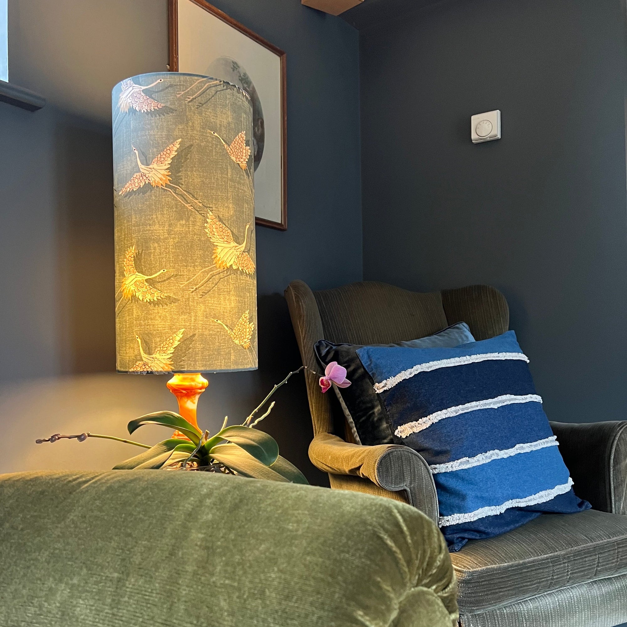 Flying Birds Olive Cotton Lampshade | Extra Tall Cylinder Ceiling Light Shade | Bespoke Handmade UK