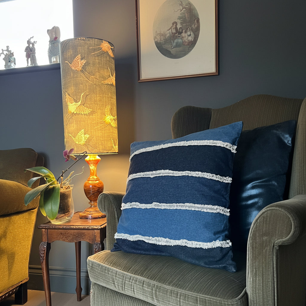 Flying Birds Olive Cotton Lampshade | Extra Tall Cylinder Ceiling Light Shade | Bespoke Handmade UK