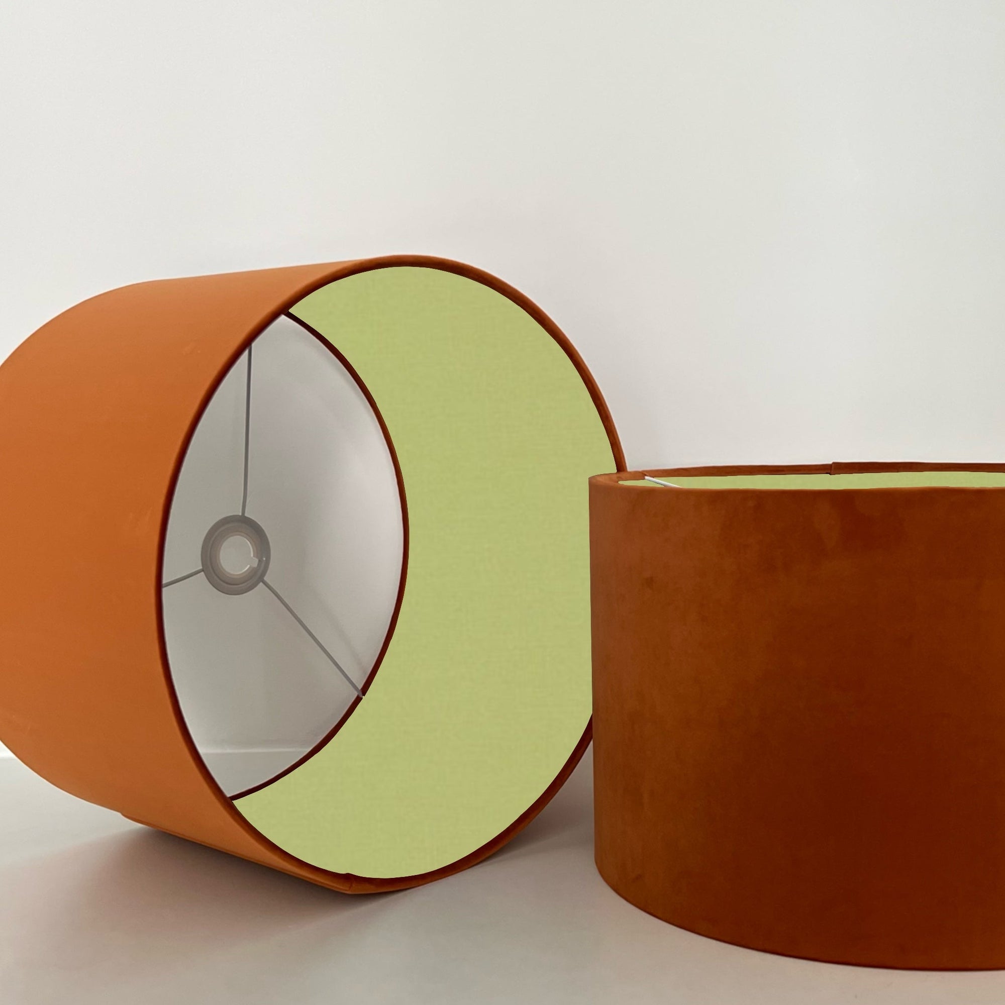 Burnt Orange Velvet &amp; Sage Green Cotton Double Sided Drum Lampshade | Handmade Ceiling Light Shade | Bespoke UK