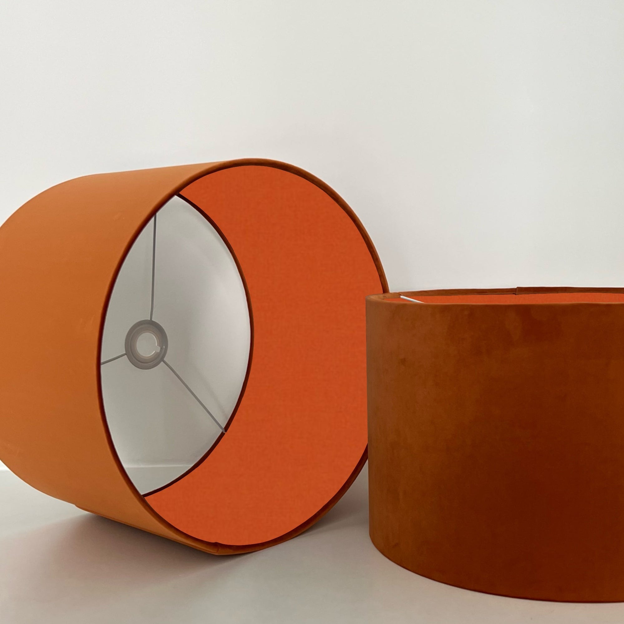 Burnt Orange Velvet &amp; Burnt Orange Cotton Double Sided Drum Lampshade | Handmade Ceiling Light Shade | Bespoke UK