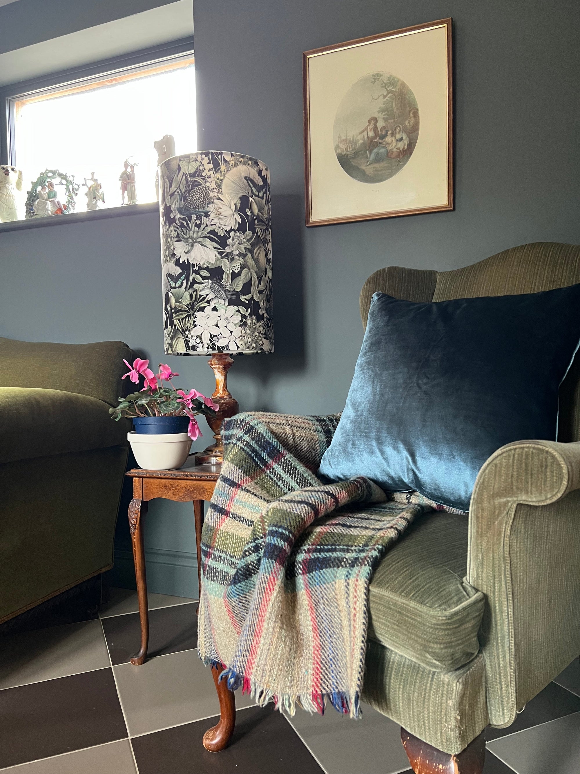 Peacock, butterfly Velvet cylinder lampshade, in black, extra tall lampshade