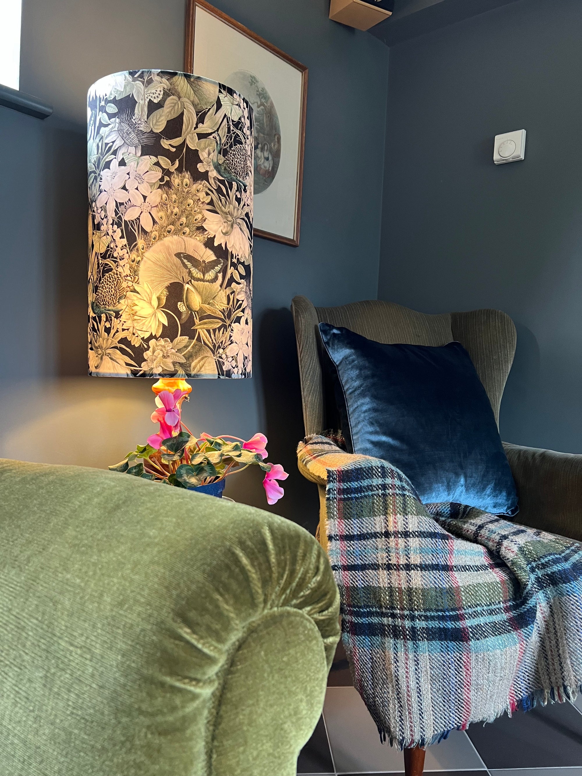 Peacock, butterfly Velvet cylinder lampshade, in black, extra tall lampshade