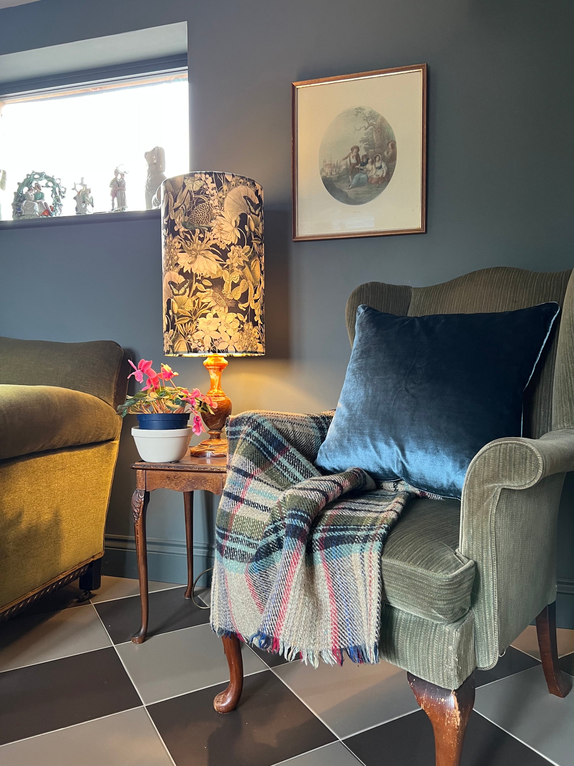 Peacock, butterfly Velvet cylinder lampshade, in black, extra tall lampshade