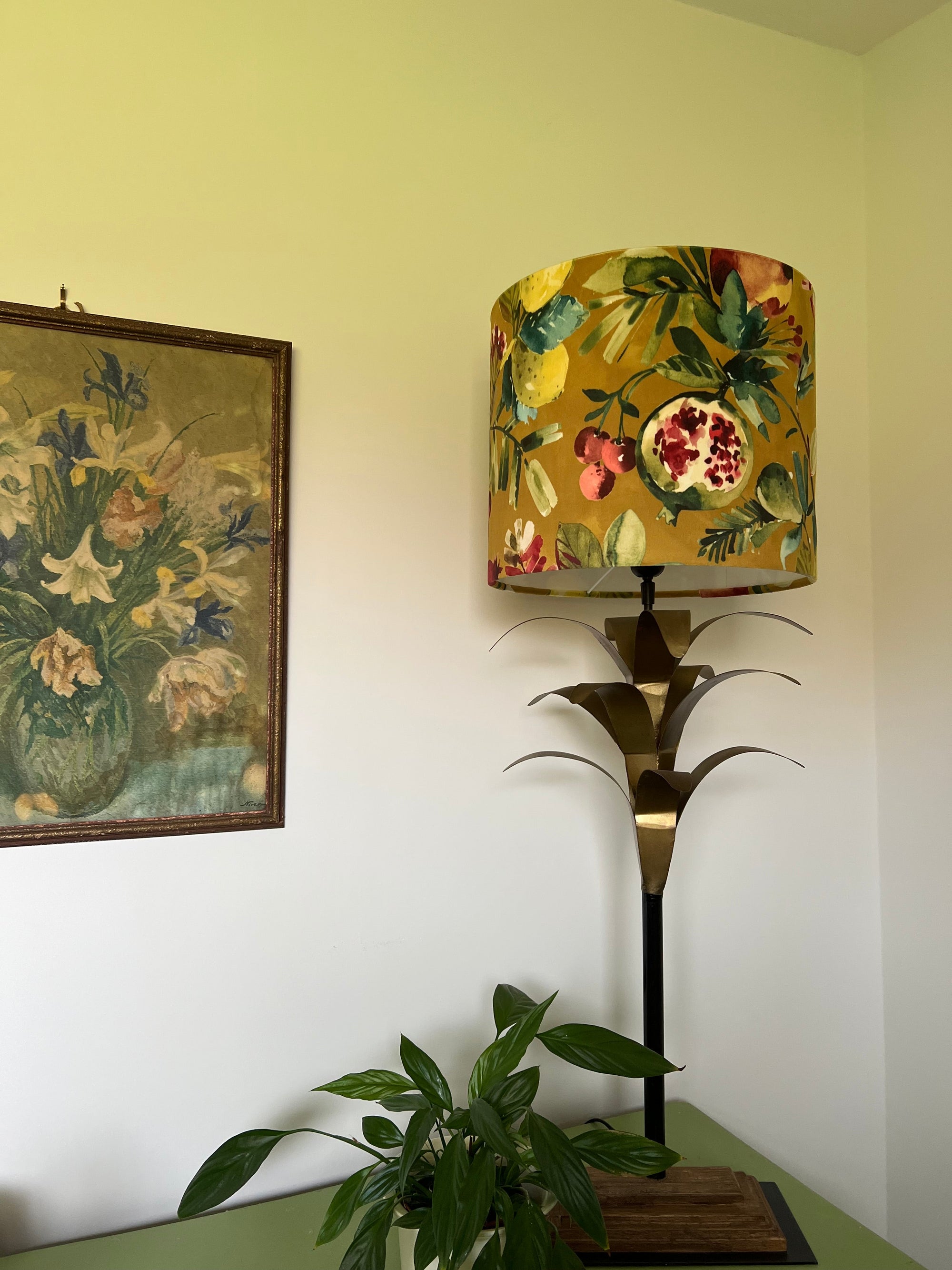 Fruit garden velvet in mustard, drum lampshade /ceiling shade with a white lining