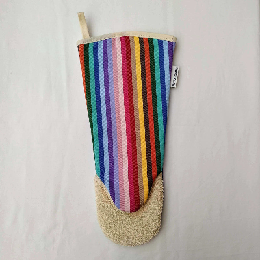 Premium rainbow striped oven glove, extra-long 43cm gauntlet for heat protection, handcrafted in UK with recycled organic yarns by Maison Elhoria at brixbailey.com