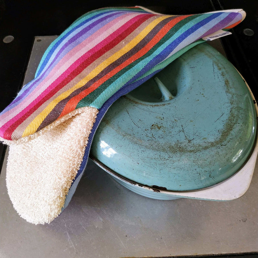Premium rainbow striped oven glove, long gauntlet style with heat protection, sustainable UK handcrafted, stylish kitchen essential by Maison Elhoria at brixbailey.com