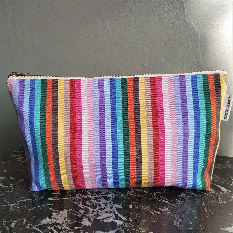 Premium organic cotton toiletry bag, waterproof lining, durable zip, rainbow large, versatile British woven recycled yarn, washable by Maison Elhoria at brixbailey.com