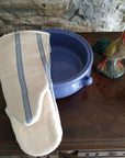 Long oven glove linen blue stripes gauntlet style