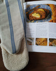Long oven glove linen blue stripes gauntlet style