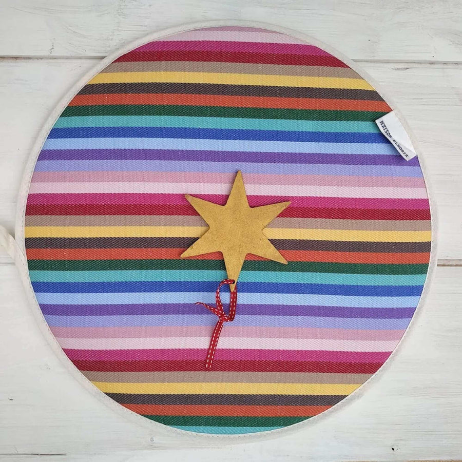 Luxury rainbow chef pad for Aga range cooker, handmade heat-retaining hob cover, premium recycled cotton, stylish UK woven fabric by Maison Elhoria at brixbailey.com