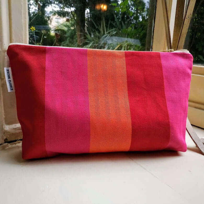 Premium Red Orange Pink Large Toiletry Bag, British-Woven Organic Cotton, Waterproof Lining, Durable Recycled Yarn, 14 Inch Zip Bag by Maison Elhoria at brixbailey.com