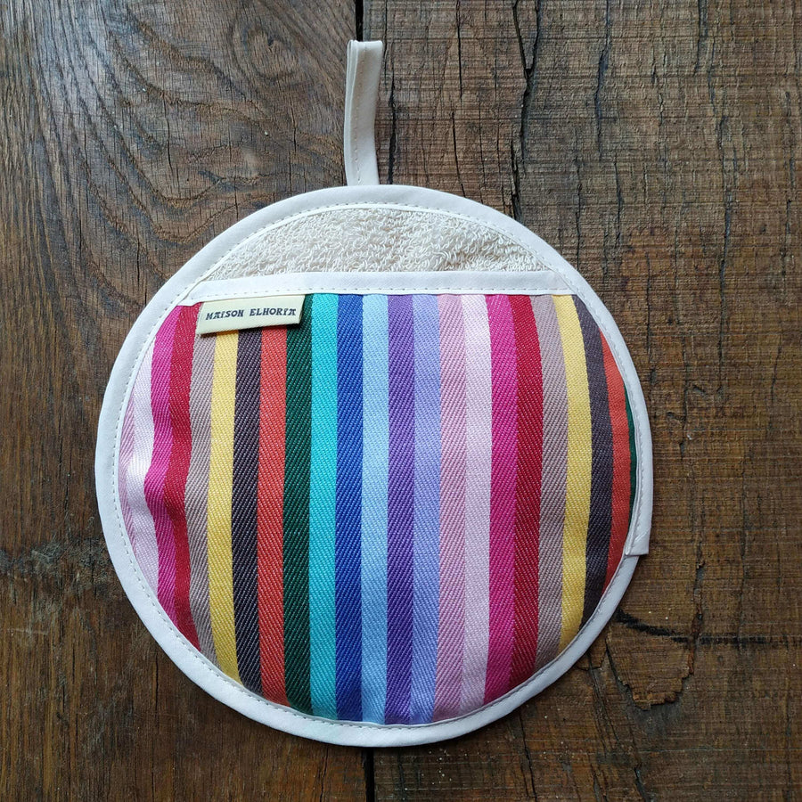 Rainbow pot grab, round oven glove, heat-resistant, handcrafted in UK, premium recycled organic yarns, stylish kitchen accessory by Maison Elhoria at brixbailey.com