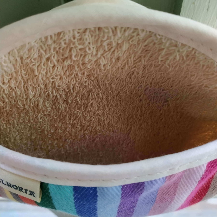Luxury rainbow pot grab, best-selling round oven glove, premium handcrafted UK-made heat-resistant kitchen accessory by Maison Elhoria at brixbailey.com